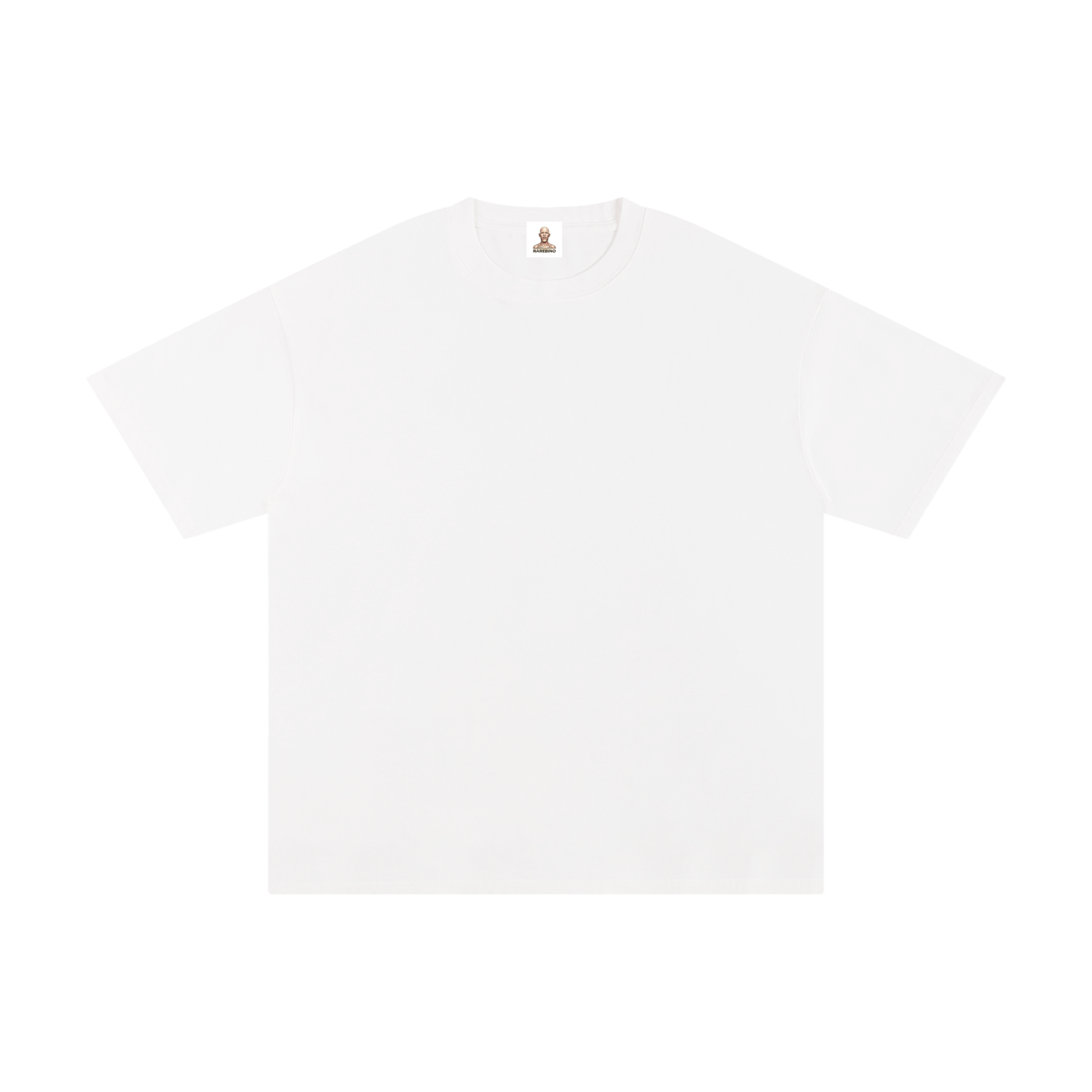 Pure white RAREBINO cotton T-shirt laid flat, showcasing its soft texture and classic crew neck design.
