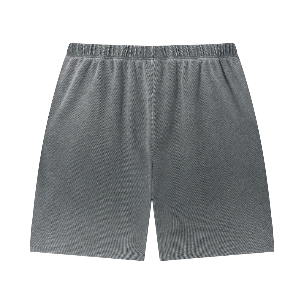 RAREBINO Wash Sunfade Waffle Raw Hem Shorts showing light sun-faded waffle fabric with frayed raw hems, casual summer style.