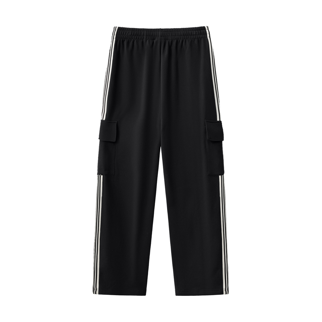 Rarebino side stripe straight-leg pants, stylish black trousers with contrasting side stripes, casual and versatile for everyday wear.