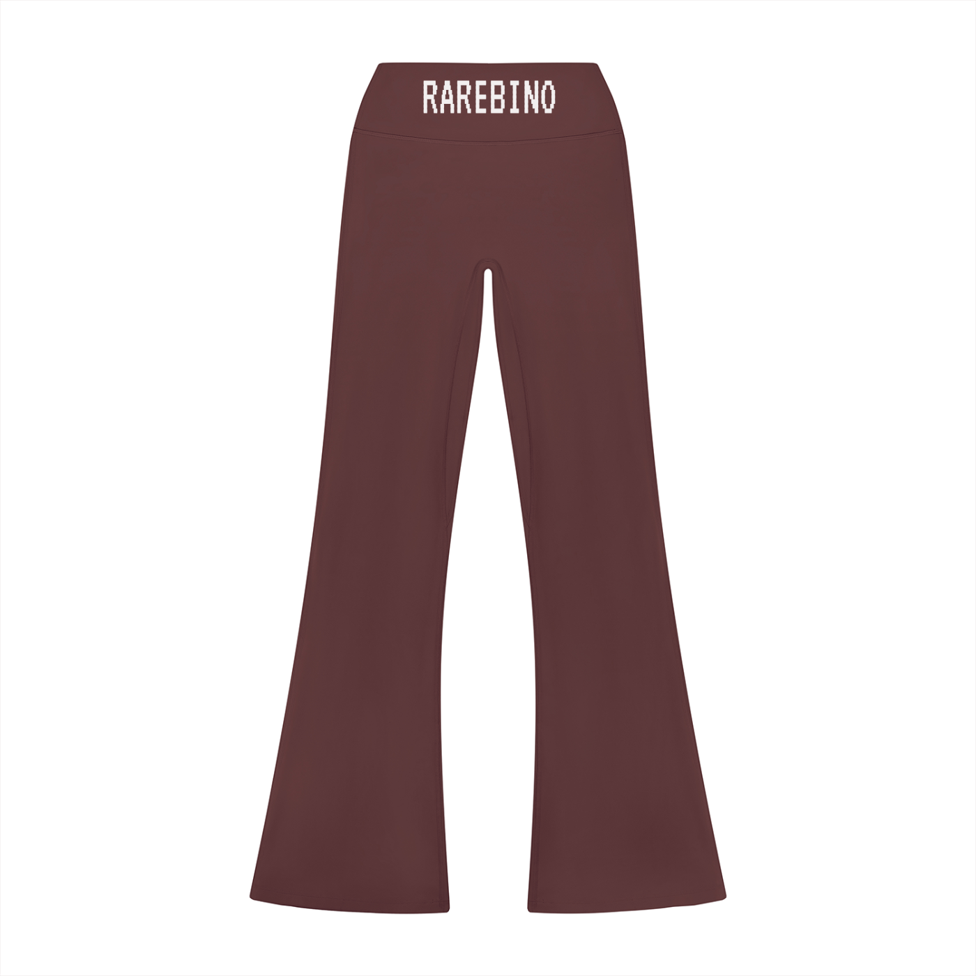 High rise flared leggings by RAREBINO featuring a fitted waist and wide flared legs, shown in a sleek, black fabric.