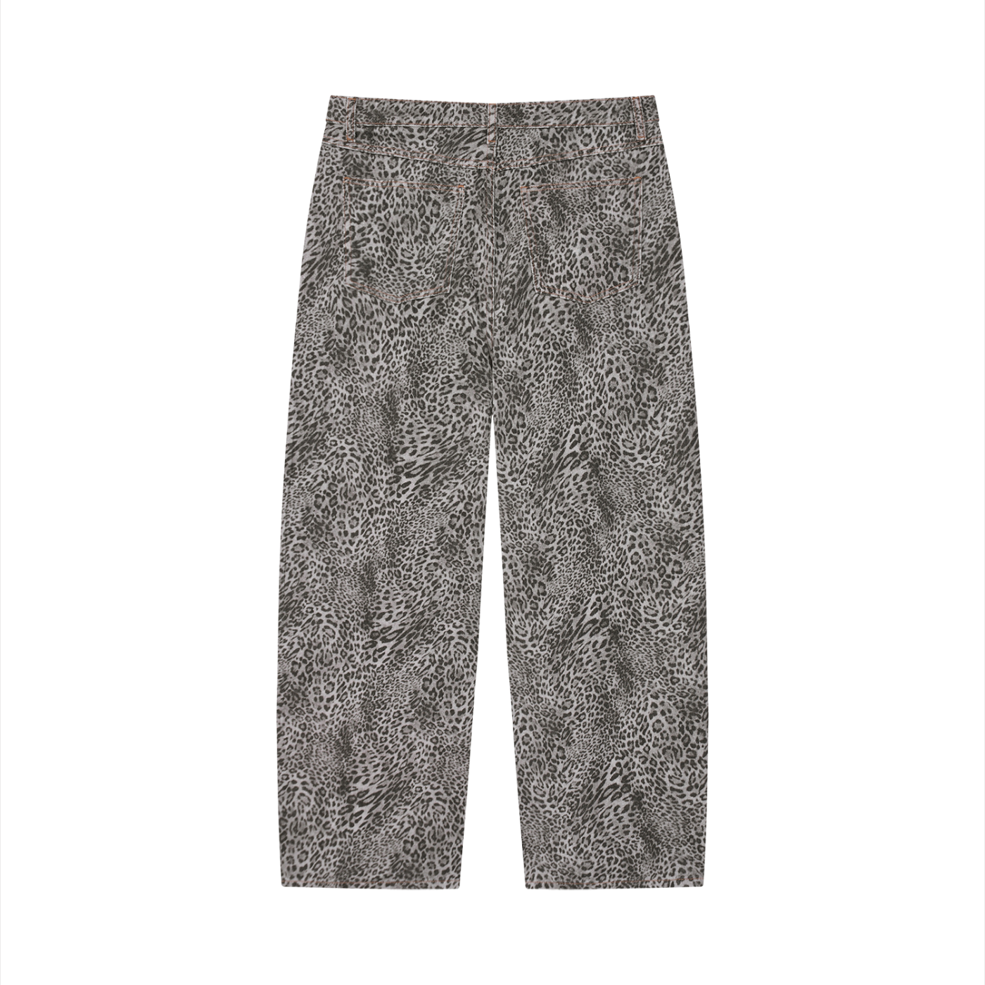 Vintage wash leopard print wide leg jeans by ODMPOD featuring retro style and relaxed fit.