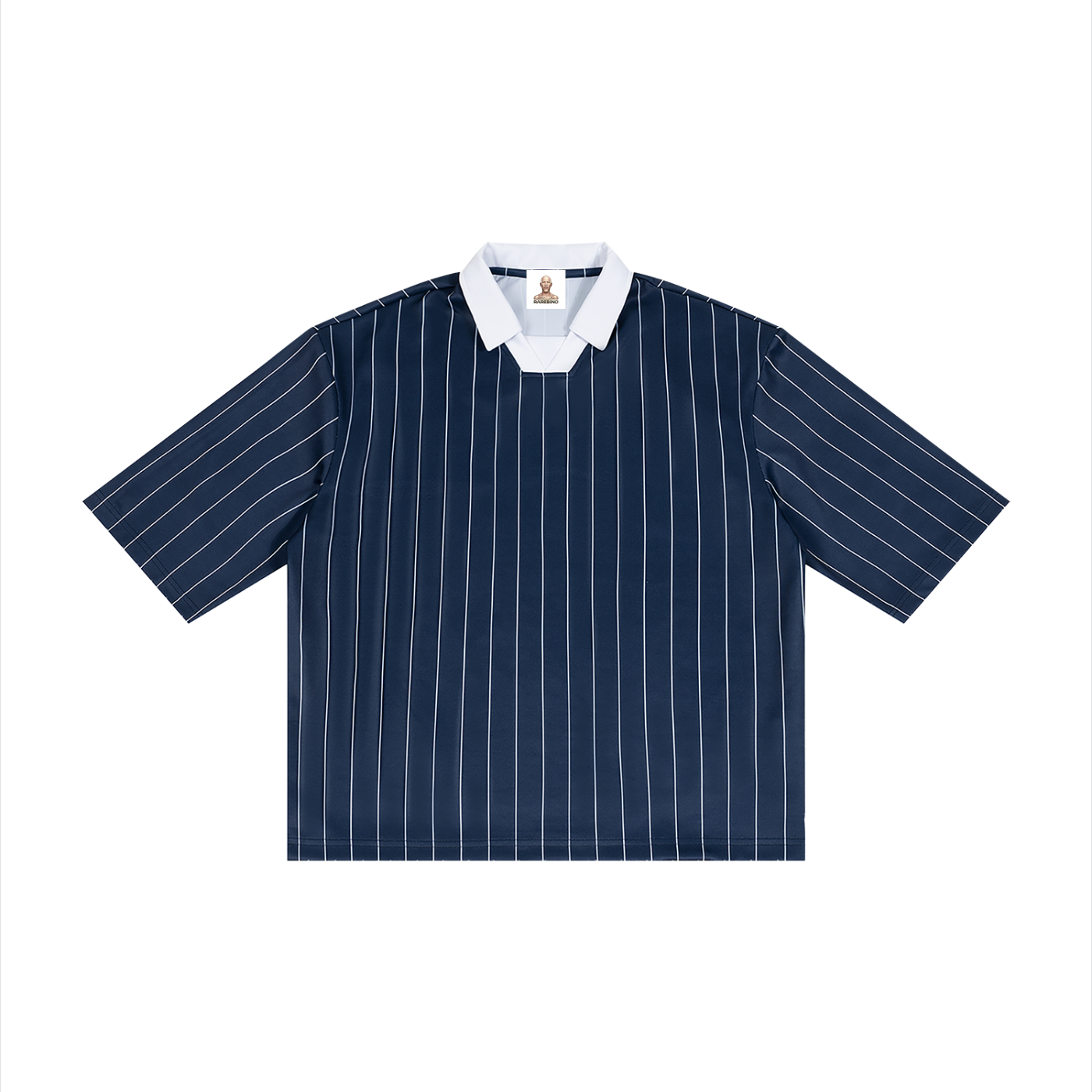 Rarebino pinstripe collared soccer jersey with team logos and buttons, featuring a classic athletic design.