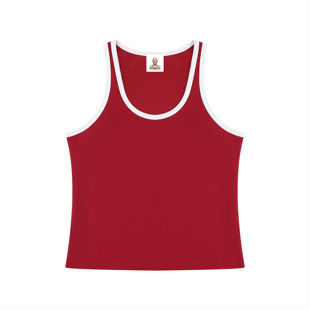 Color block cropped tank top by RAREBINO featuring vibrant color panels and a fitted sleeveless design.