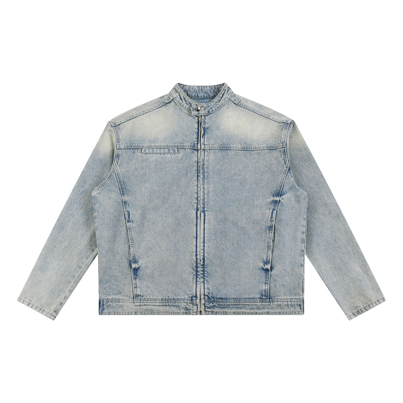 Vintage Wash Zip Denim Jacket by RAREBINO featuring classic denim style and front zip closure, displayed on a hanger.