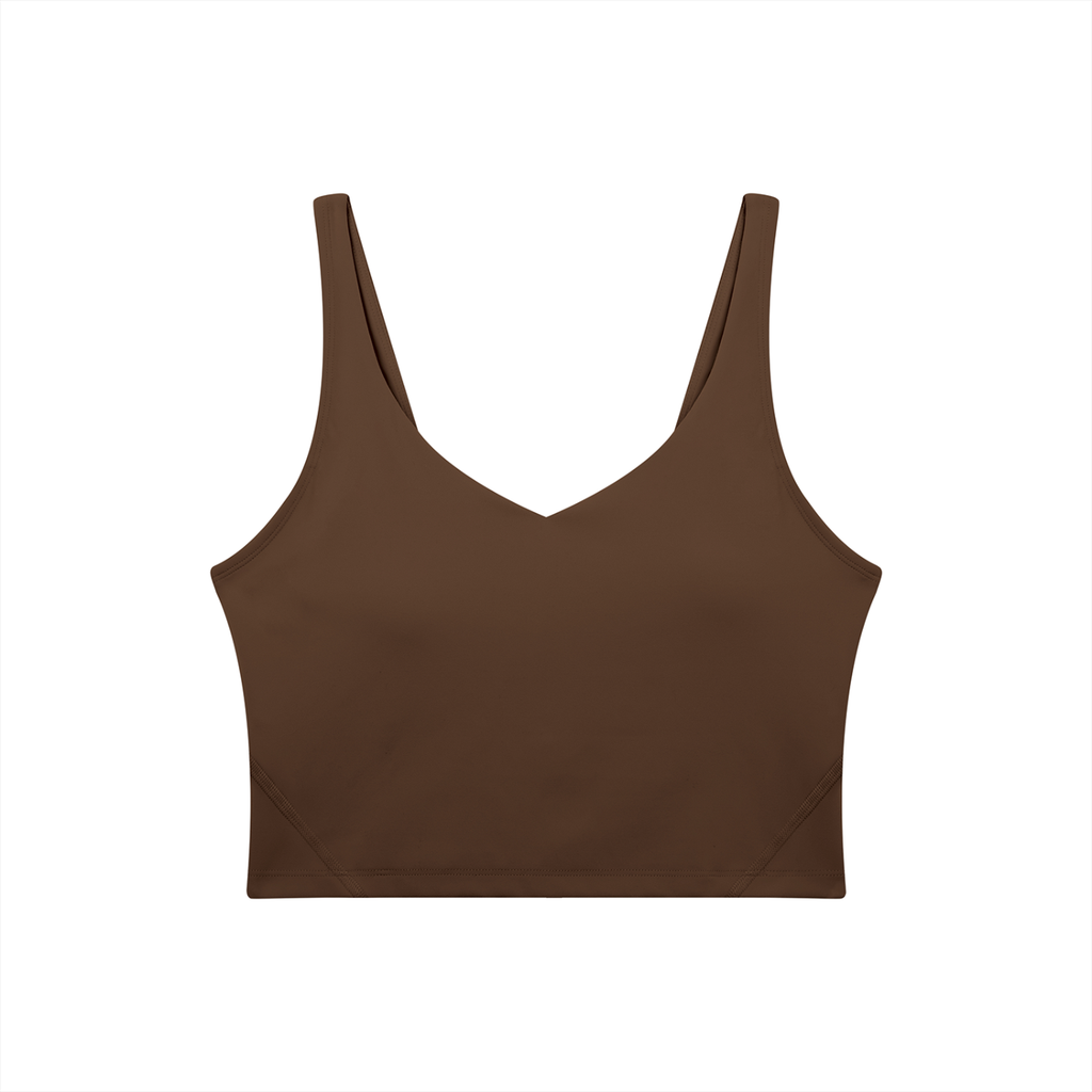 RAREBINO V-neck yoga sports bra with supportive fit, shown in black with wide shoulder straps and seamless design for comfort.