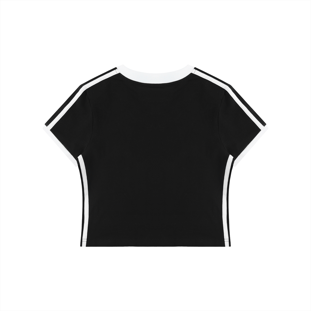Retro binding V-neck crop T-shirt by RAREBINO featuring a classic V-neck design and cropped fit with vintage-inspired style.