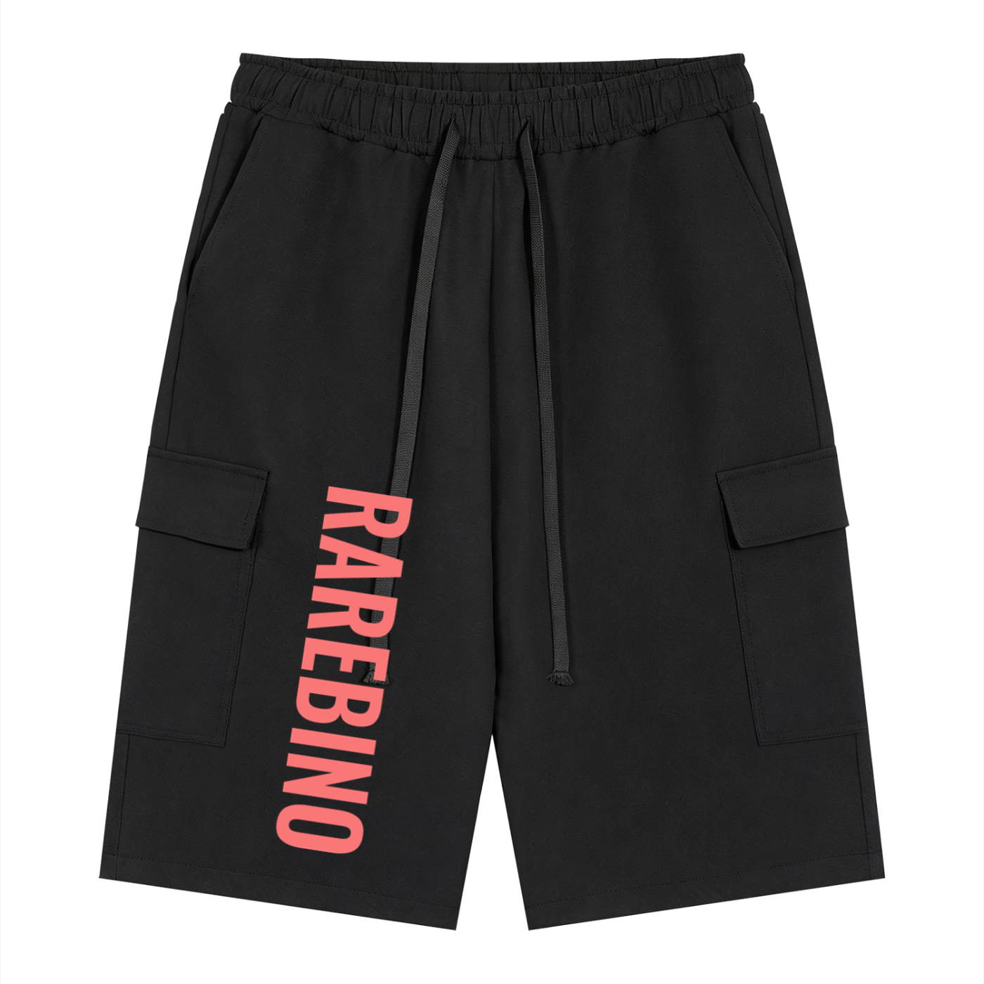 Rarebino drawstring cargo shorts with multiple pockets and relaxed fit, shown in dark fabric with adjustable waistband.