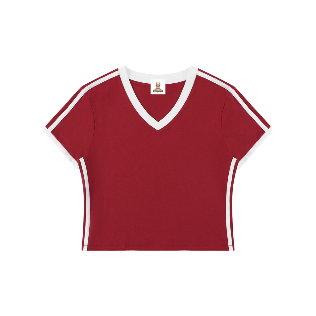 Retro Binding V-Neck Crop T-Shirt by RAREBINO featuring a fitted V-neck design and cropped length, shown in the product image.