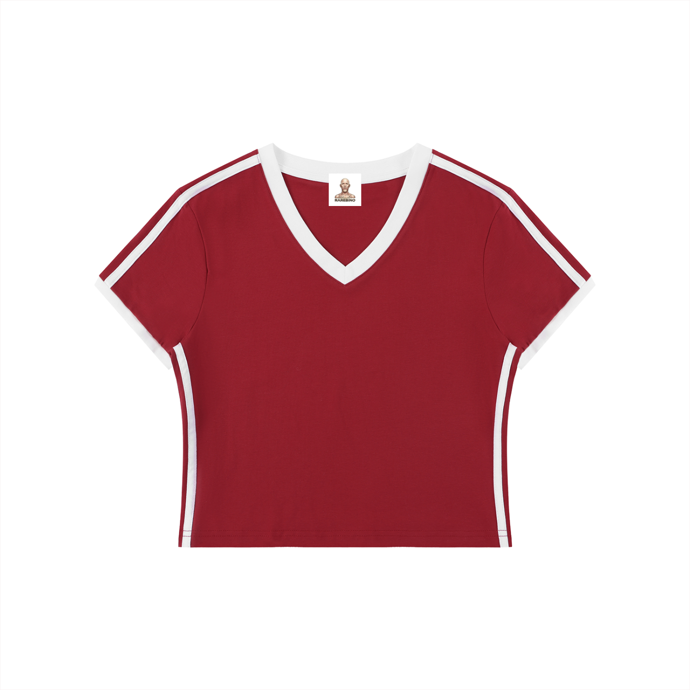 Retro Binding V-Neck Crop T-Shirt by RAREBINO featuring a fitted V-neck design and cropped length, shown in the product image.