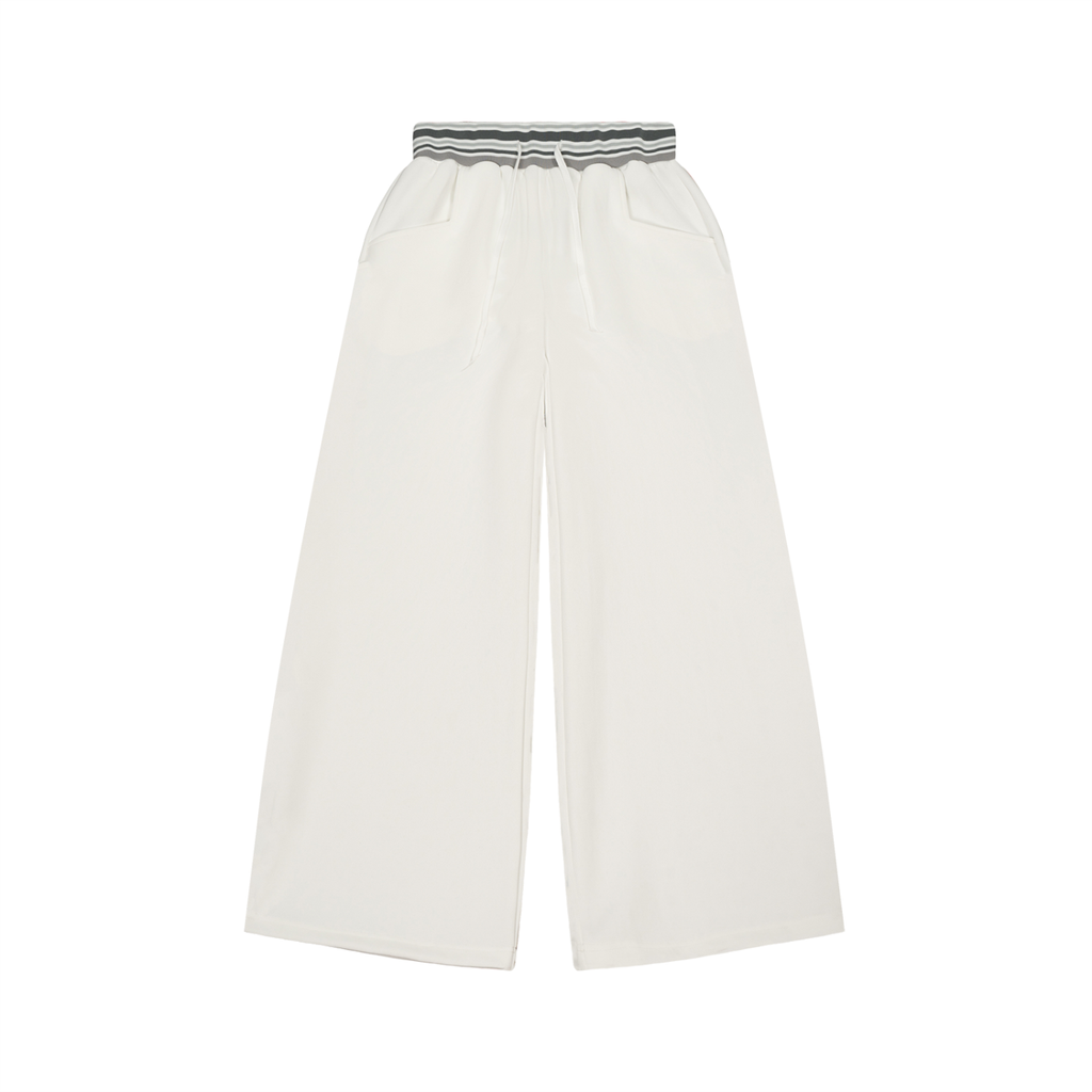 Striped waist wide-leg pants by RAREBINO, featuring high-rise fit and flowing fabric with bold vertical stripes.