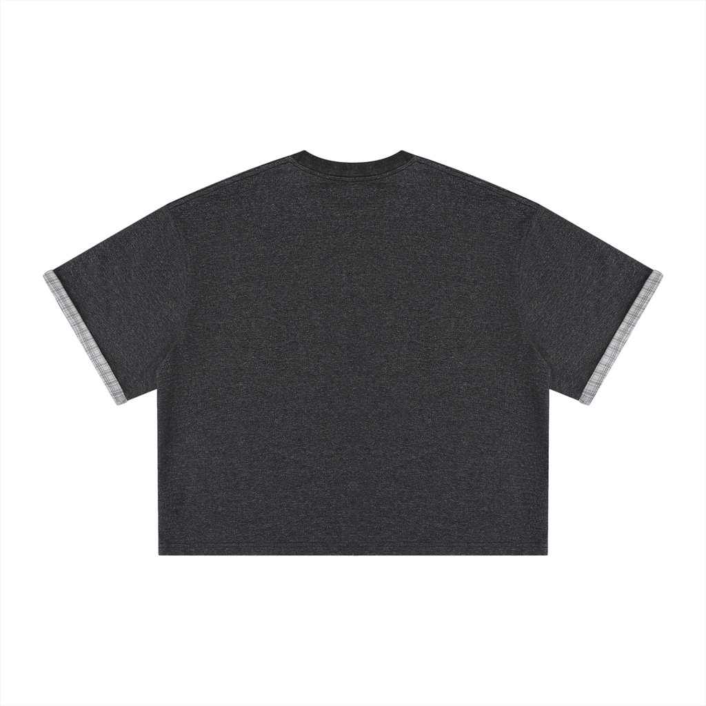 Boxy plaid-lined double-face T-shirt by RAREBINO showing front view with plaid lining visible at the collar and hem.