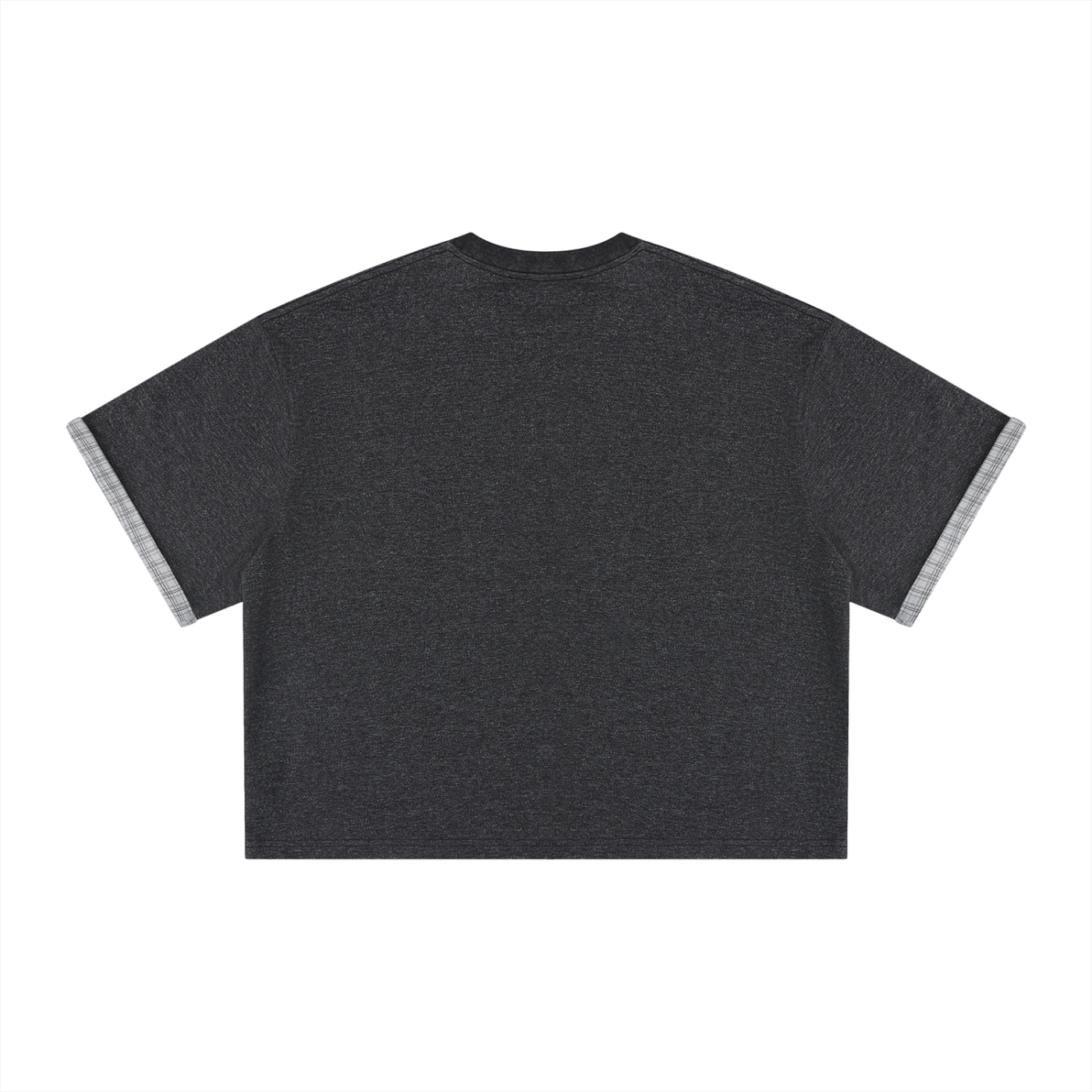 Boxy plaid-lined double-face T-shirt by RAREBINO showing front view with plaid lining visible at the collar and hem.