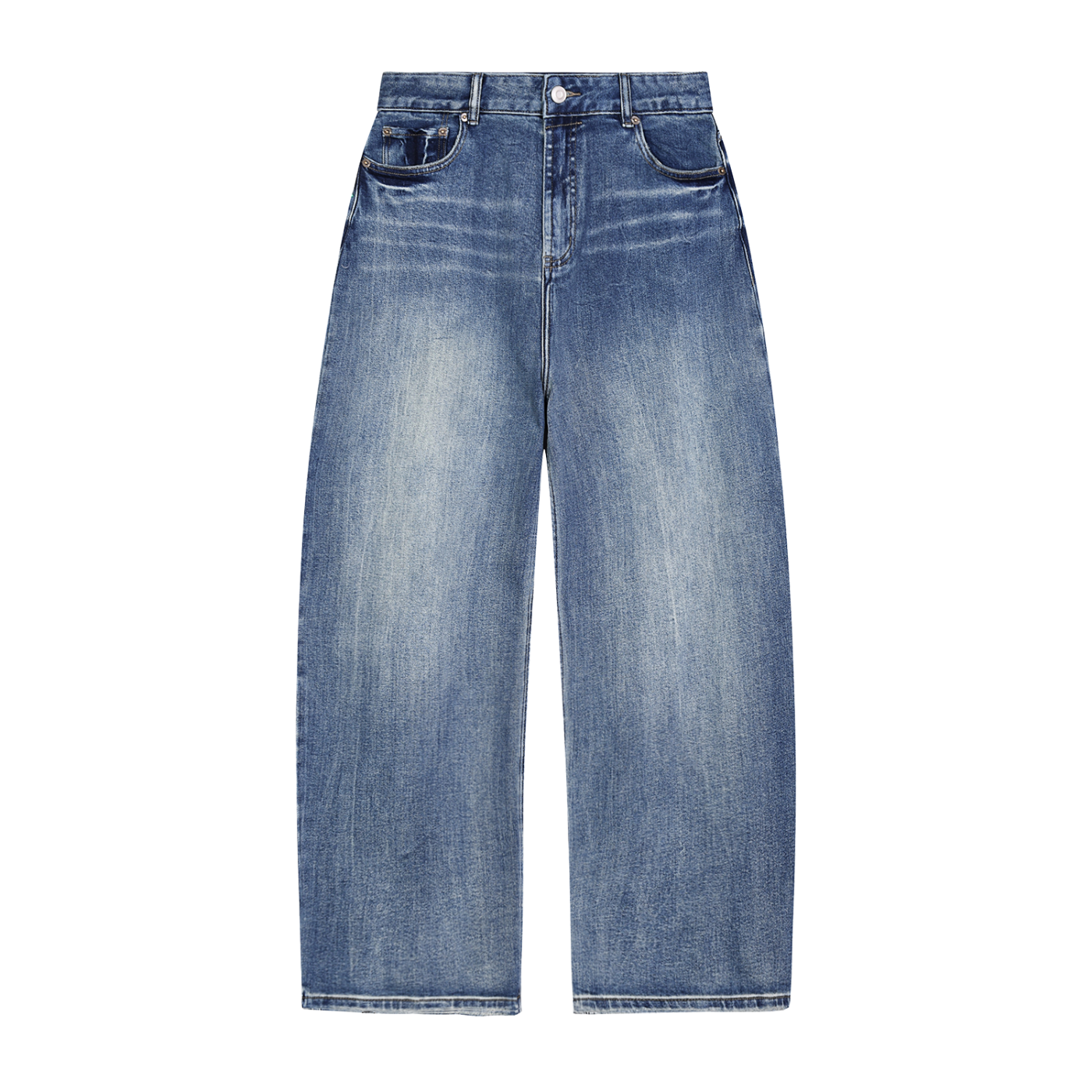 RAREBINO Sun Fade Heavyweight Denim Jeans showing distressed light blue fabric with a relaxed fit and classic five-pocket design.