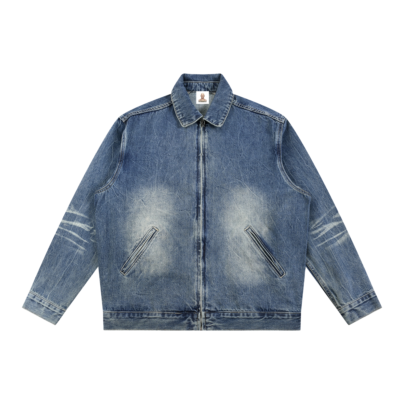 Vintage wash zip-up denim jacket by RAREBINO featuring classic styling and visible front zipper on a neutral background.