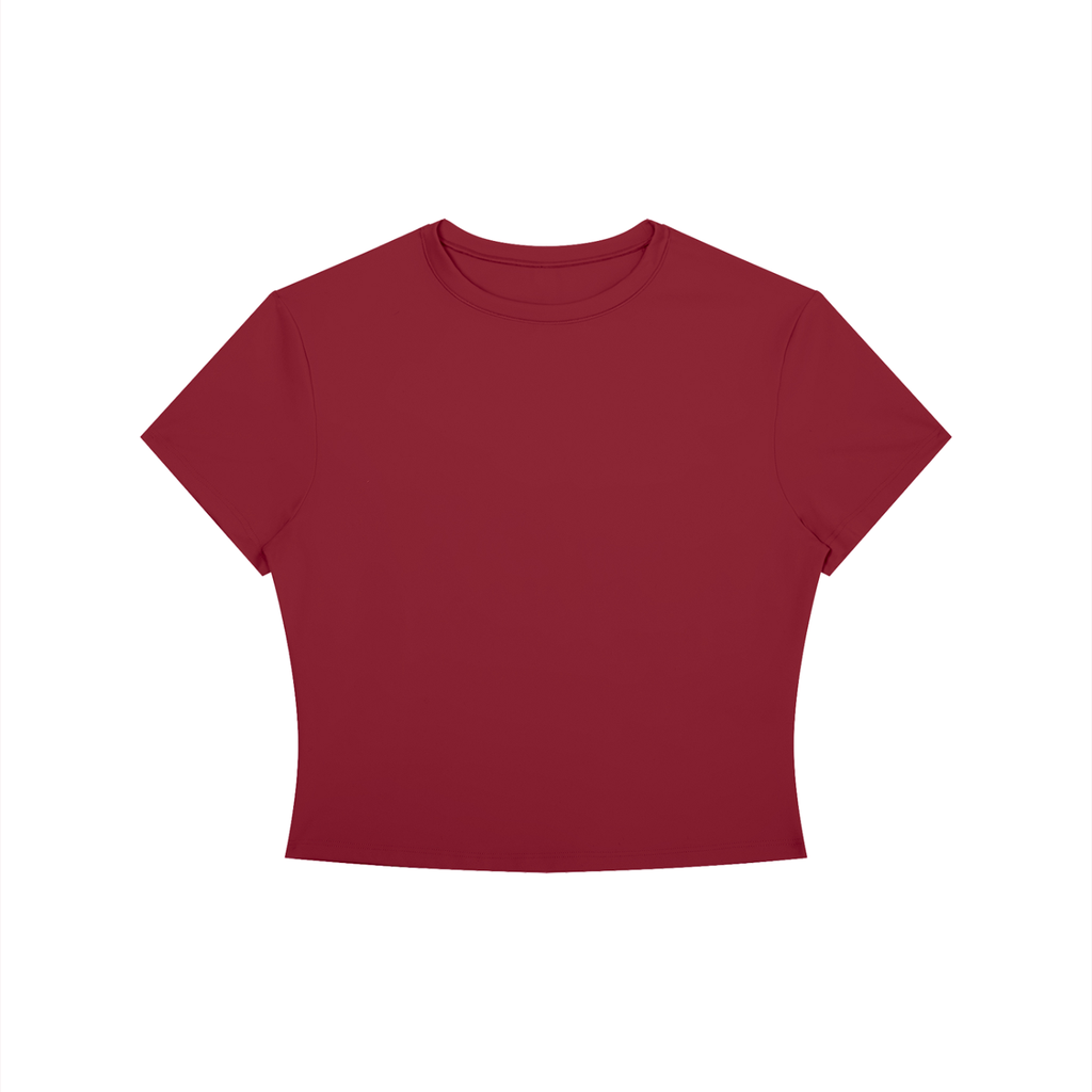 Black crewneck crop T-shirt by RAREBINO featuring a fitted design and short sleeves, shown on a plain background.