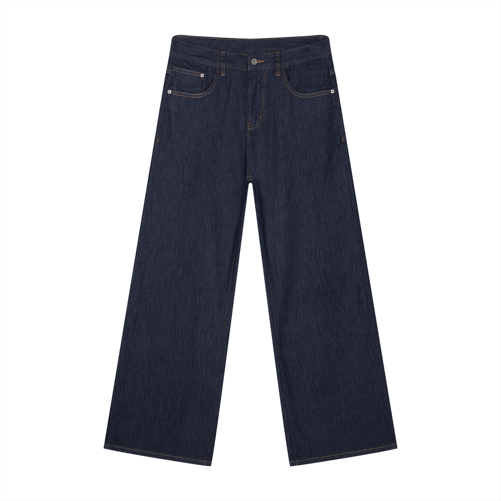 Rarebino loose fit wide leg jeans with relaxed silhouette and classic denim wash, displayed on a white background.
