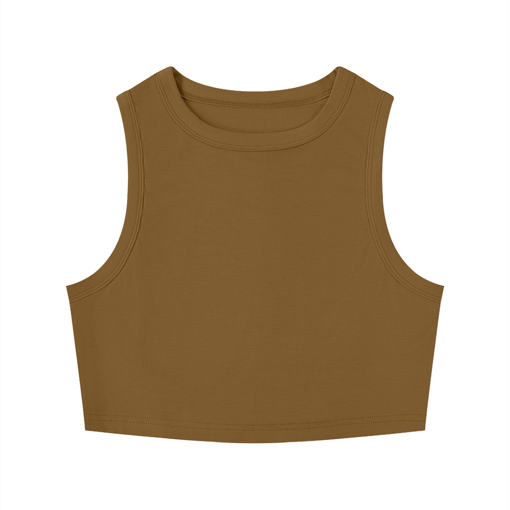 Black RAREBINO tight crewneck crop tank top displayed on a mannequin, highlighting its fitted style and sleeveless design.