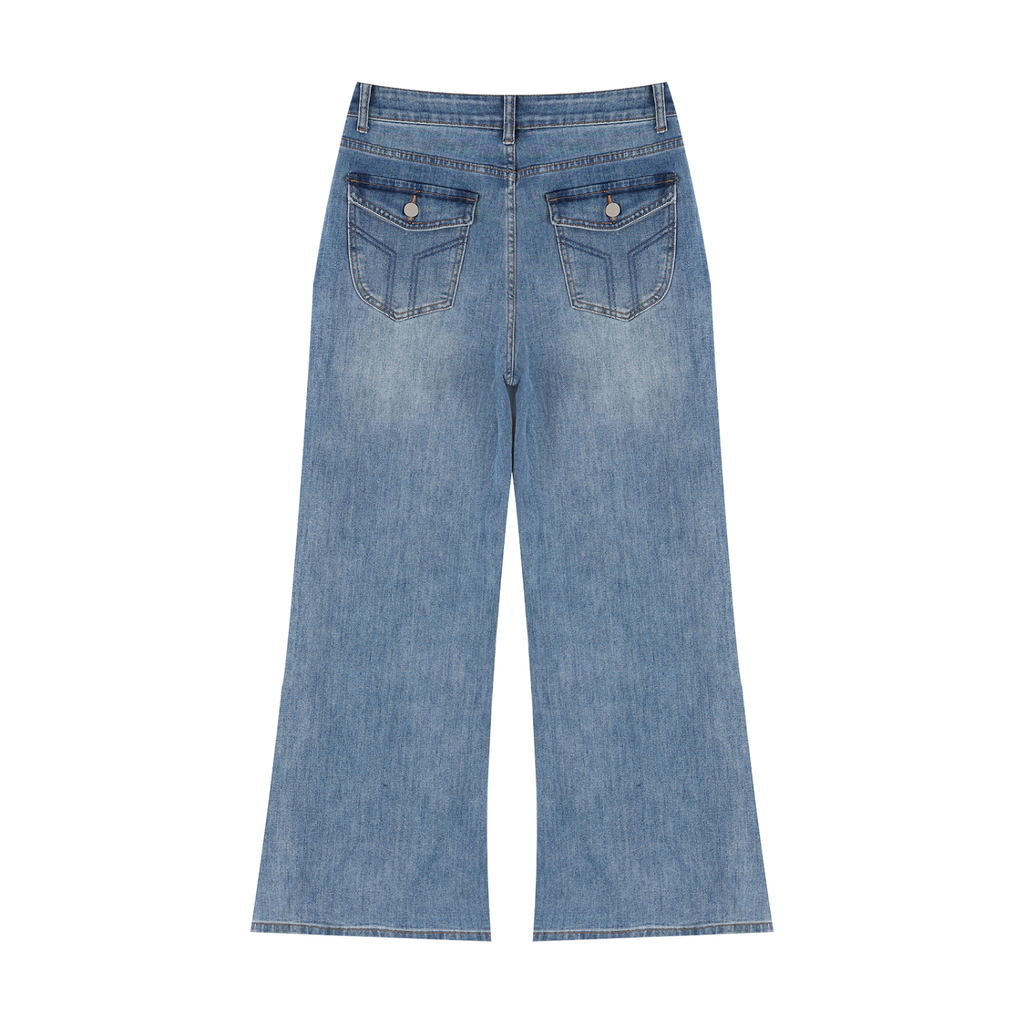 Vintage wash wide leg jeans by RAREBINO featuring a relaxed fit and classic denim style, shown on a hanger.