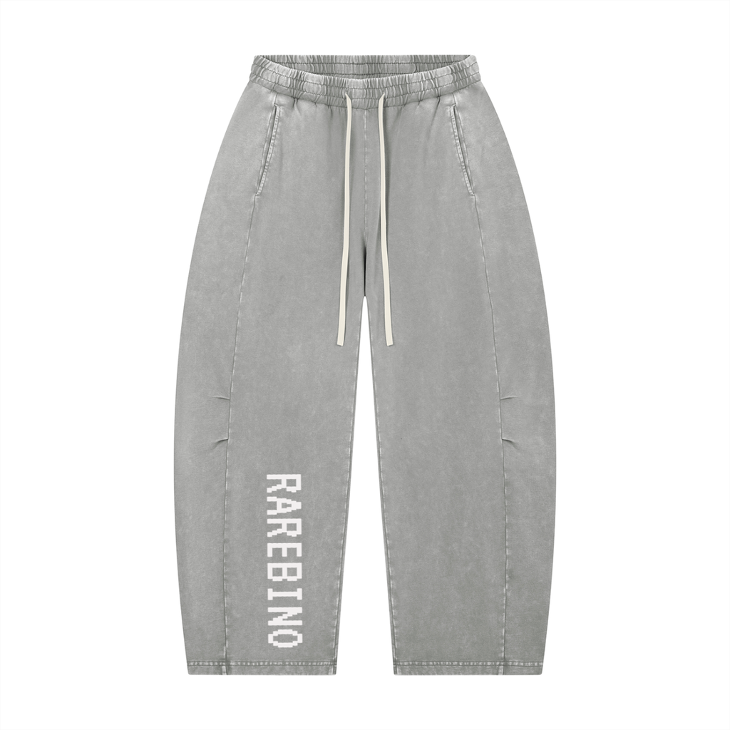 Rarebino mineral wash barrel leg pants, showcasing relaxed fit and distressed denim with a vintage wash and unique barrel silhouette.