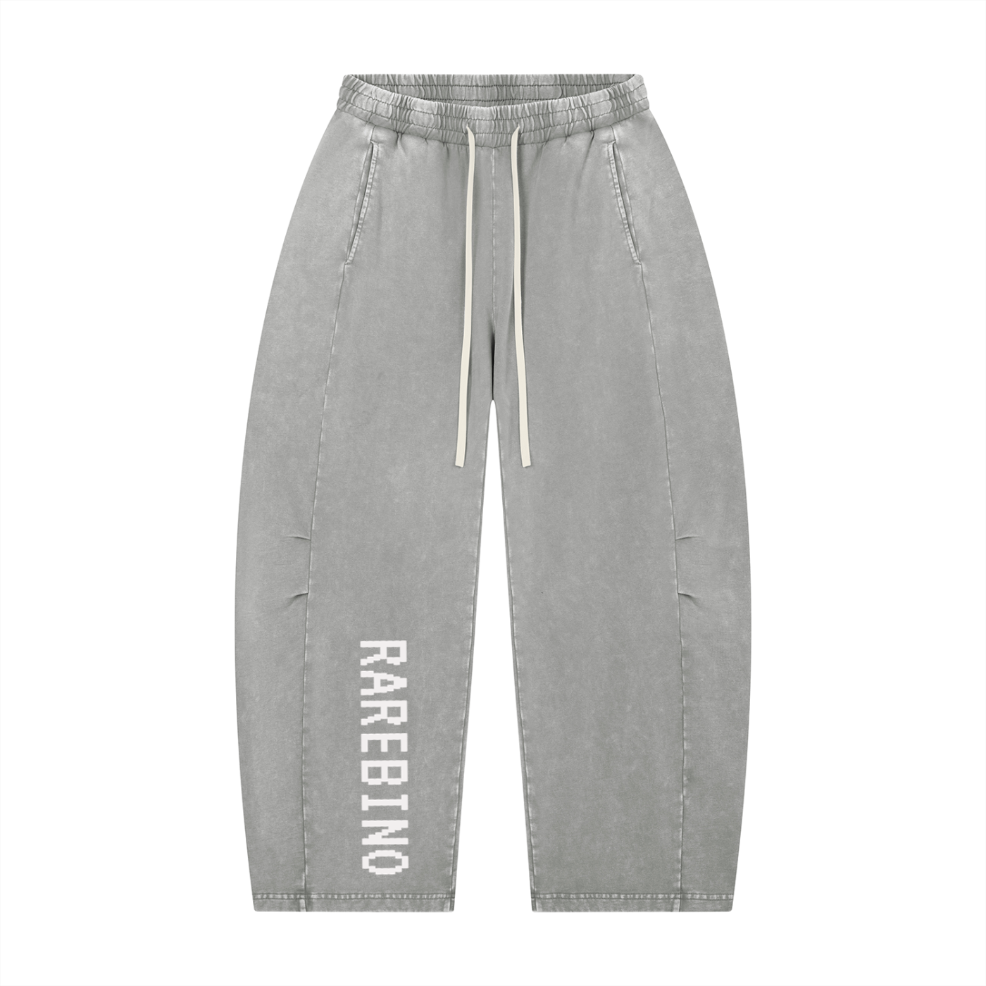 Rarebino mineral wash barrel leg pants, showcasing relaxed fit and distressed denim with a vintage wash and unique barrel silhouette.