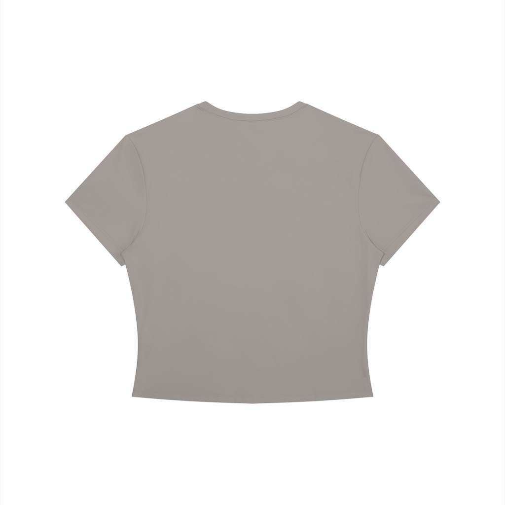 Black crewneck crop T-shirt by RAREBINO featuring a fitted style and short sleeves, displayed on a plain background.