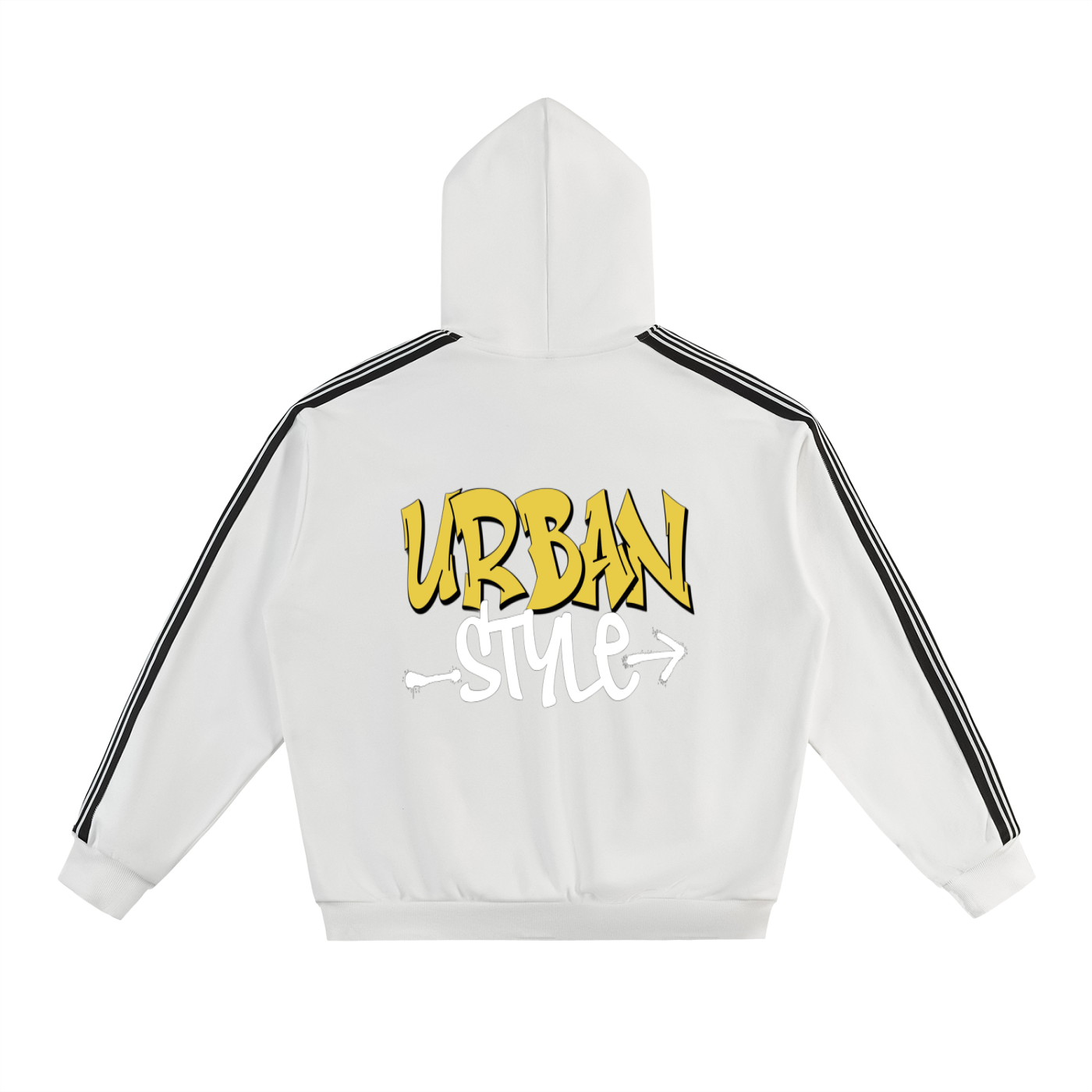 RAREBINO side stripe drop-shoulder hoodie showing white side stripes and relaxed fit on a model.