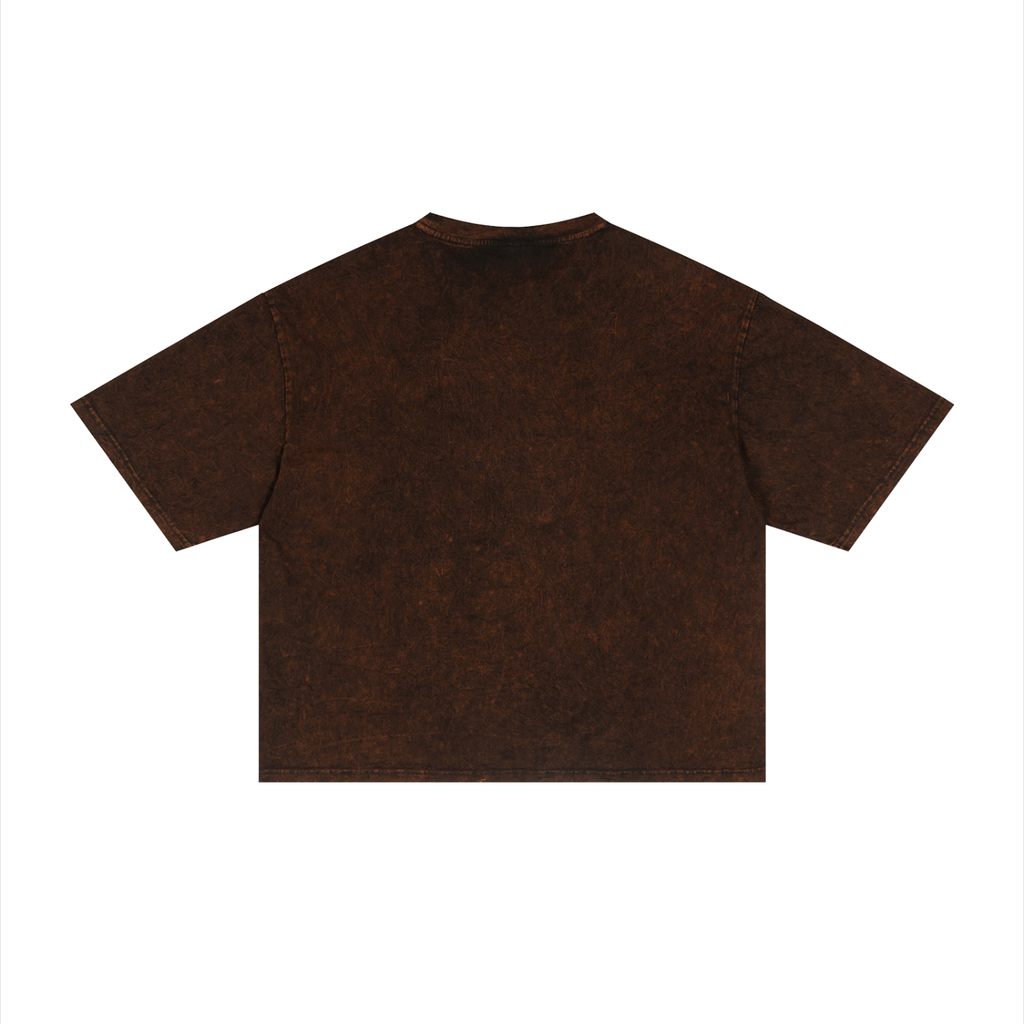 Gray mineral wash boxy T-shirt by RAREBINO displayed on a flat surface with a relaxed fit and short sleeves.