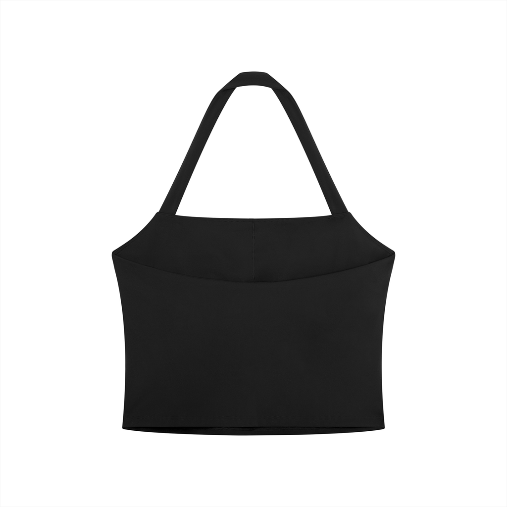 RAREBINO halter crop sports bra in black with supportive design and adjustable straps, ideal for activewear and workouts.