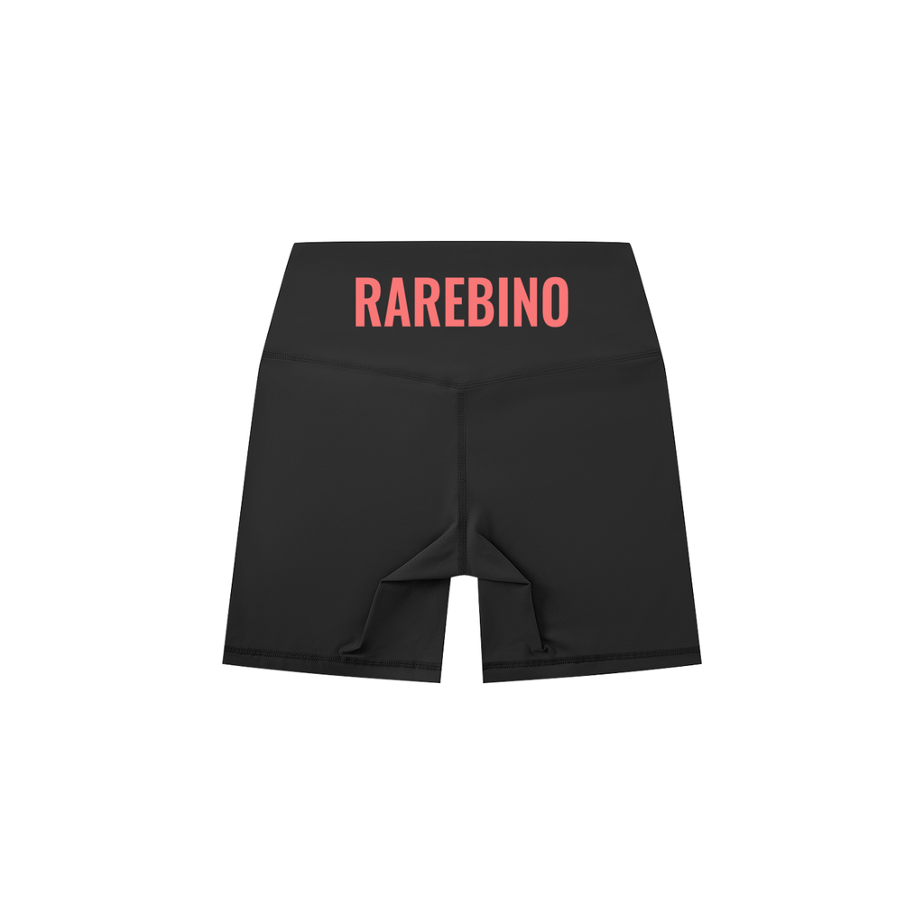 High-waisted RAREBINO biker shorts in black, form-fitting with a sleek design, perfect for active or casual wear.