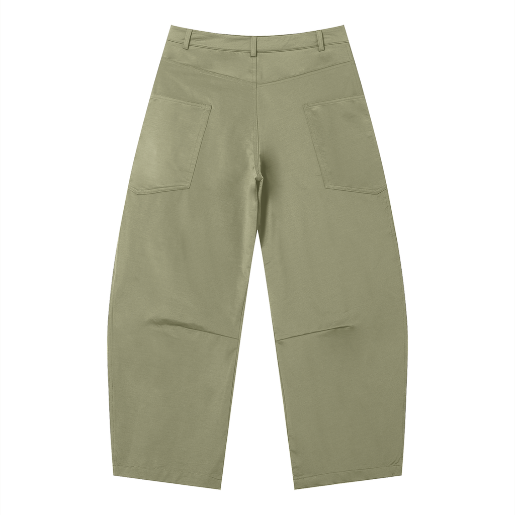Men's barrel leg pants by ODMPOD, shown in a neutral color, with a relaxed fit and tapered legs, casual streetwear style.