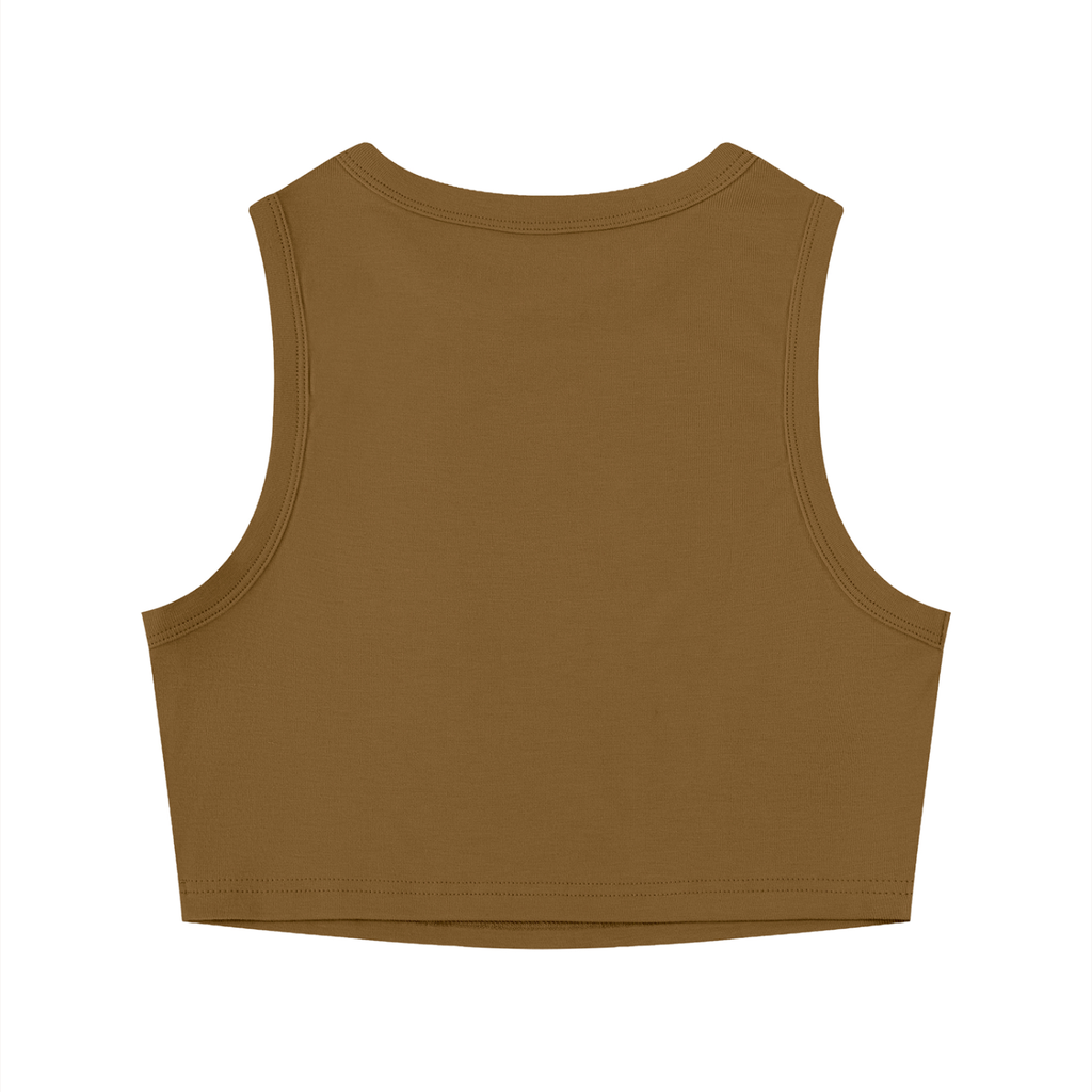 Black tight crewneck crop tank top by RAREBINO displayed on a hanger with a fitted silhouette and ribbed fabric.