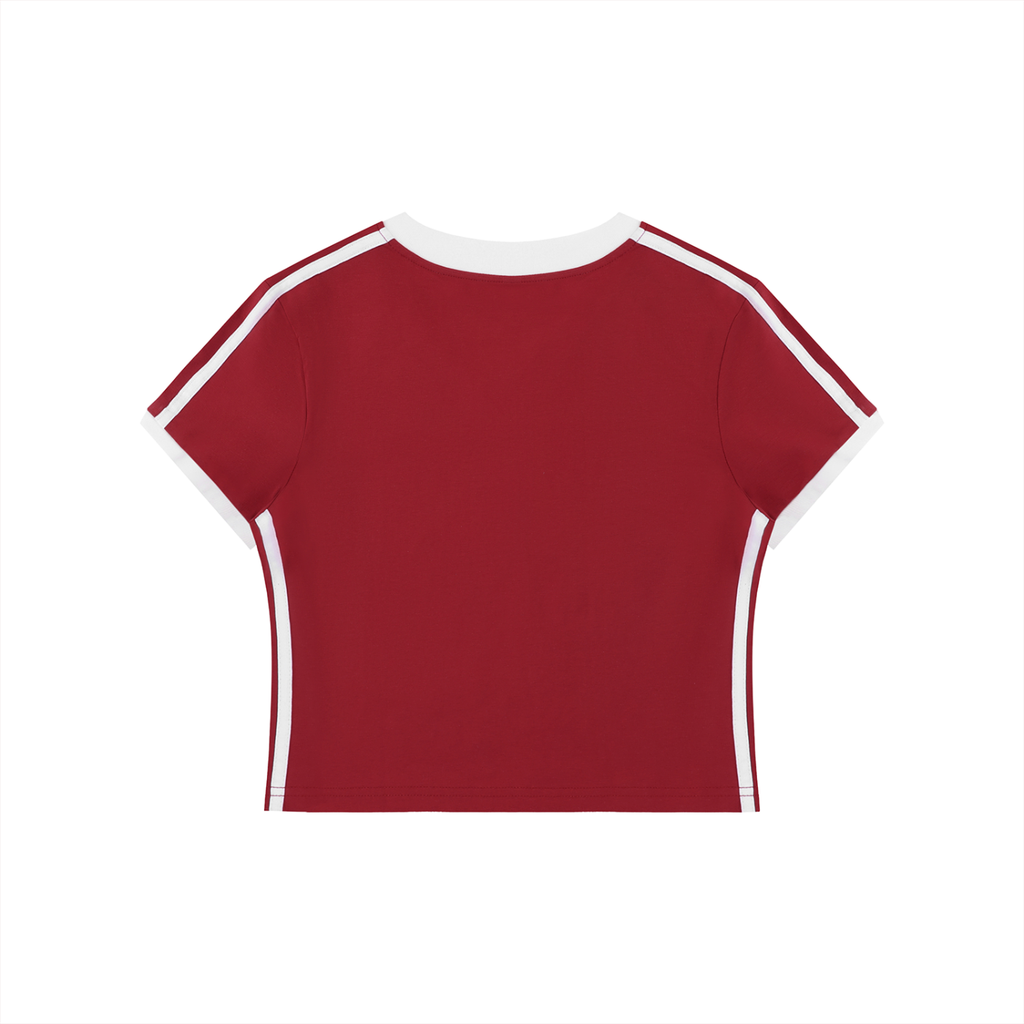 Retro binding V-neck crop T-shirt by RAREBINO featuring a stylish V-neck design and cropped fit in a vintage-inspired style.