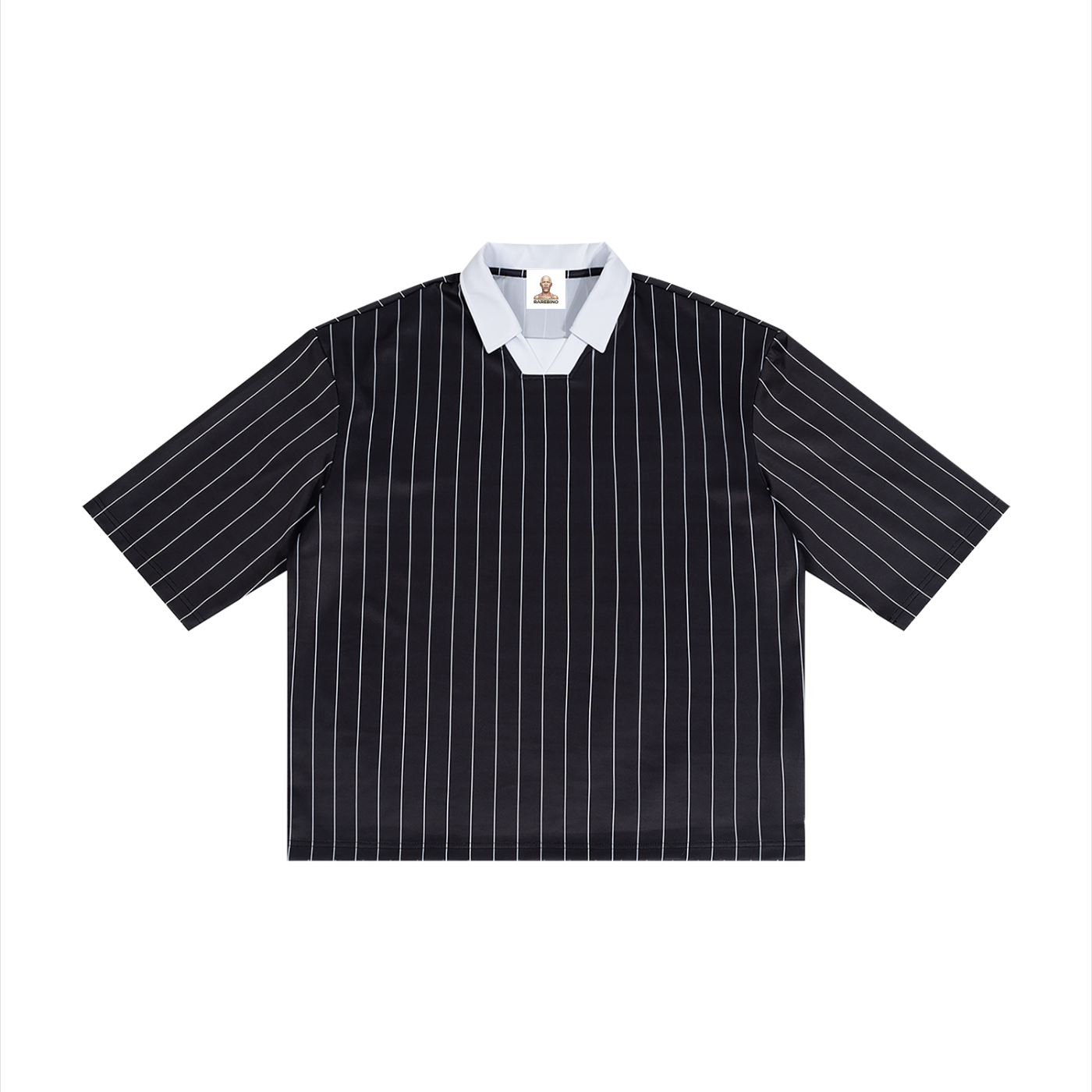 Pinstripe collared soccer jersey by RAREBINO featuring a stylish pinstripe design and a classic collar, suitable for sports and casual wear.