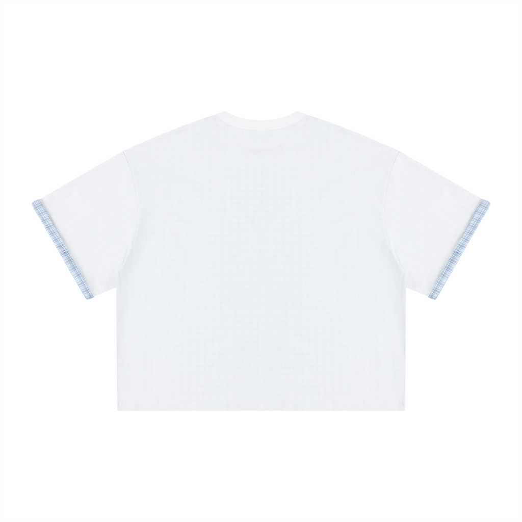 Boxy double-face T-shirt by RAREBINO featuring plaid lining and a casual, relaxed fit in the image.