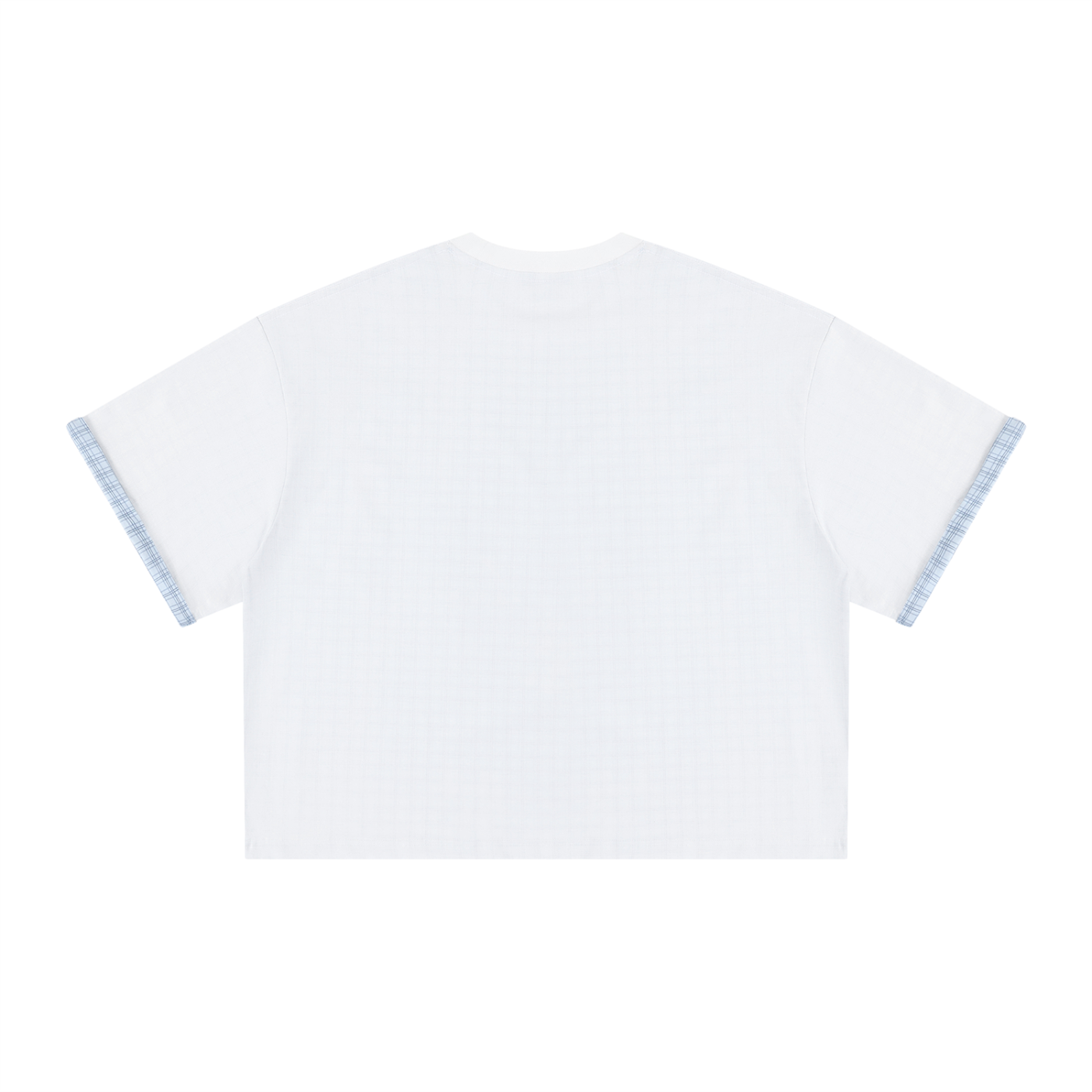 Boxy double-face T-shirt by RAREBINO featuring plaid lining and a casual, relaxed fit in the image.