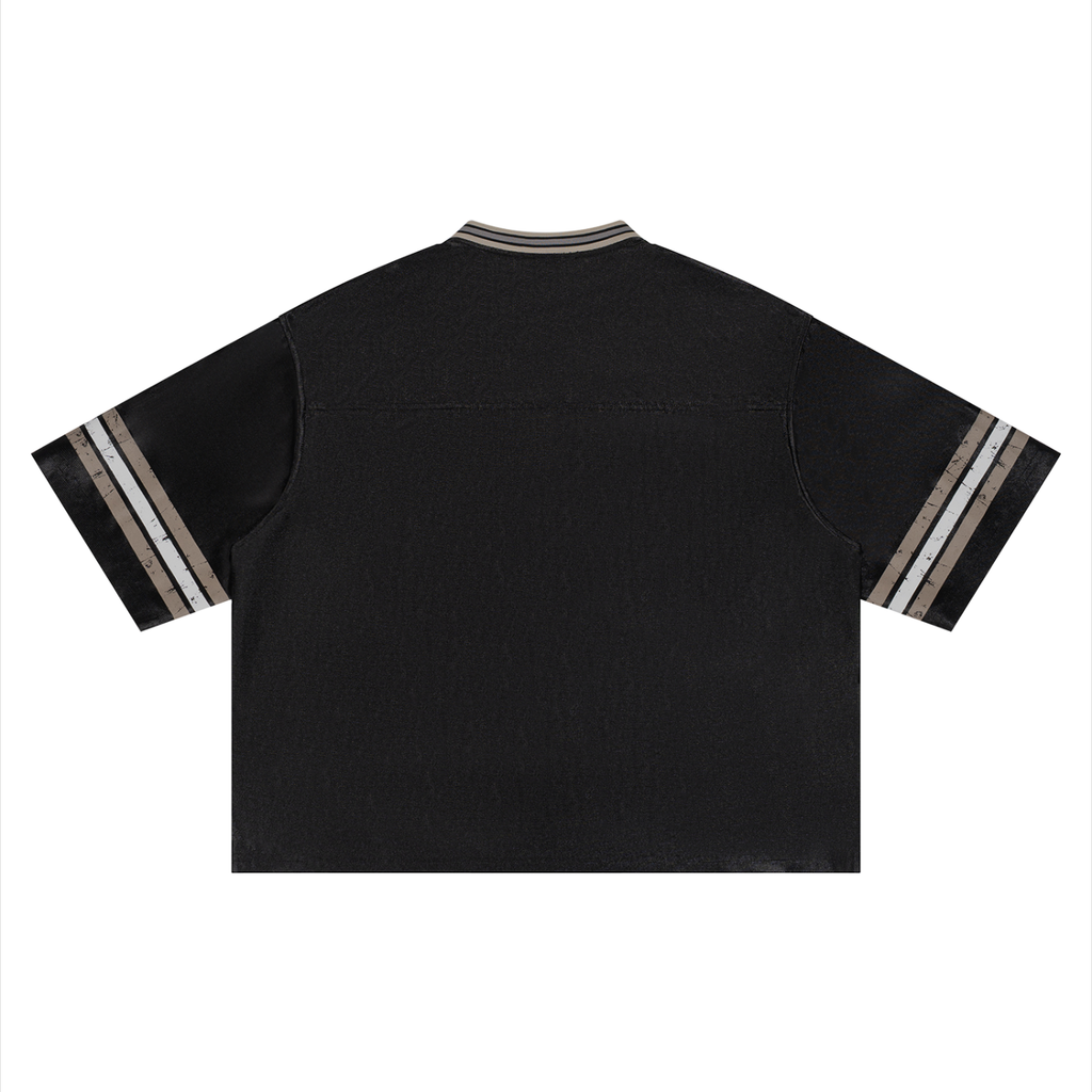 Boxy striped soccer jersey by RAREBINO featuring bold horizontal black and white stripes and a classic athletic fit.