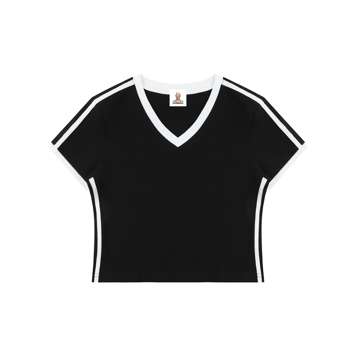 Retro binding V-neck crop T-shirt by RAREBINO showing a fitted silhouette with a stylish V-neck and cropped length.