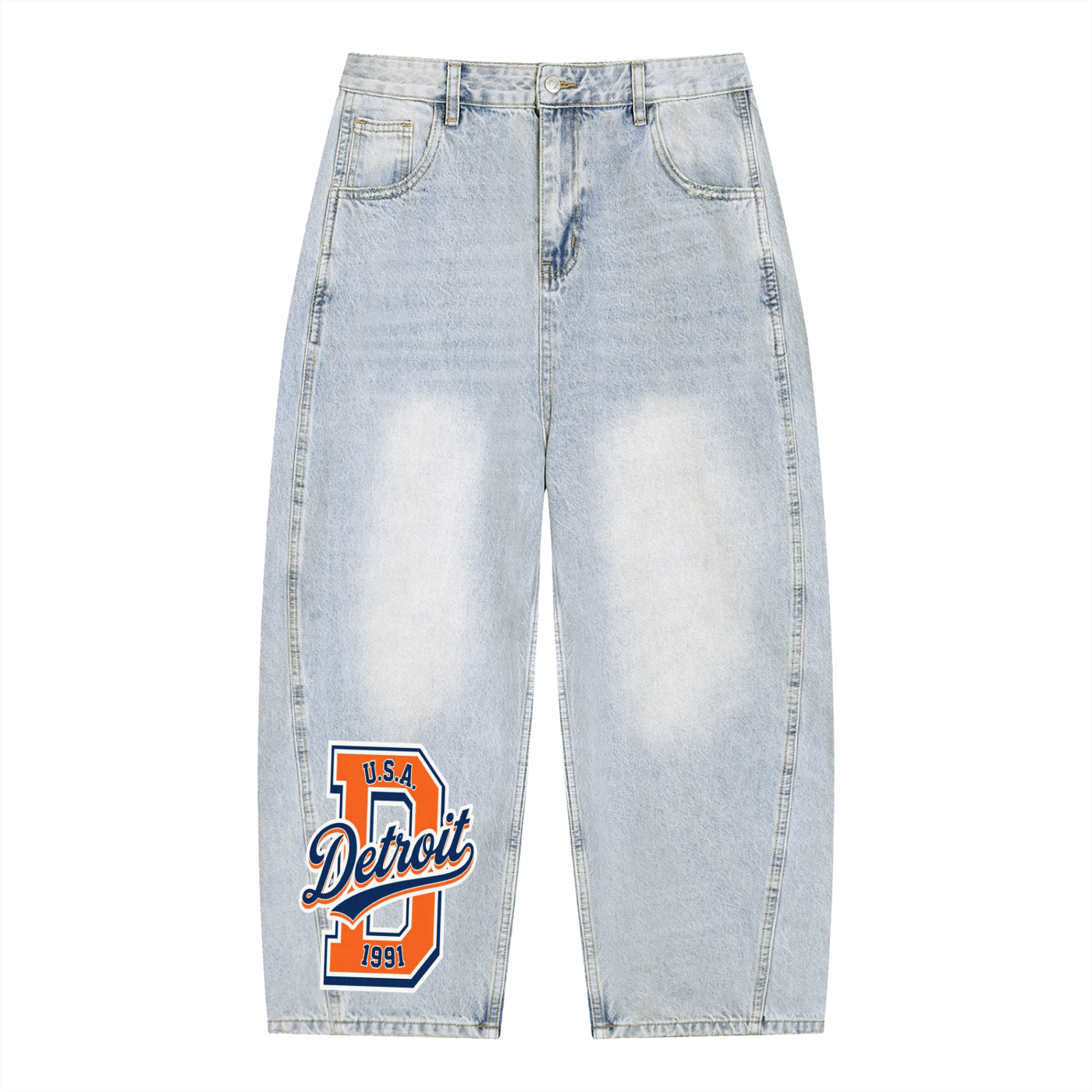 Vintage Wash Sunfade Barrel Leg Jeans by RAREBINO featuring distressed denim and retro style with a relaxed fit.