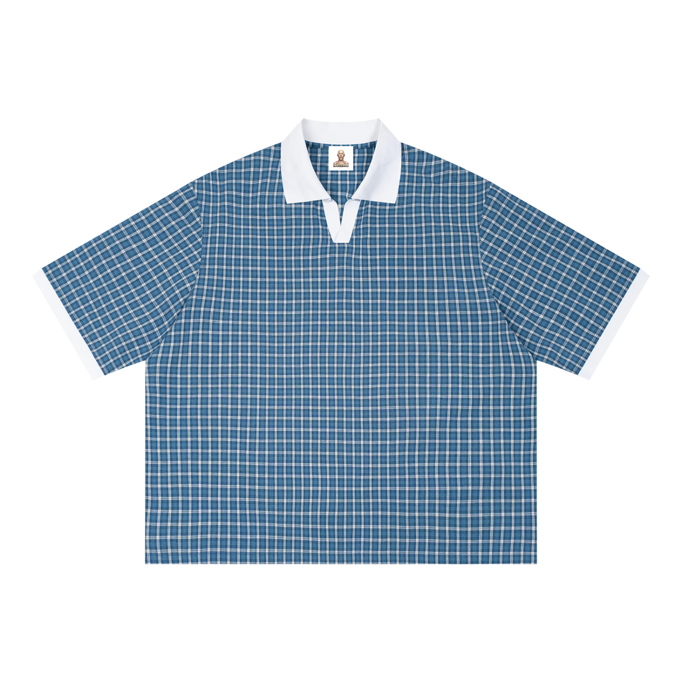 Boxy plaid color block polo shirt by RAREBINO, featuring a classic collar, short sleeves, and bold color blocking design.