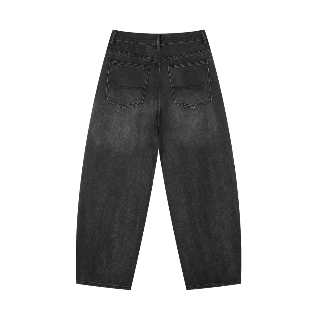 Sunfade vintage wash barrel leg jeans by RAREBINO displayed on a hanger, showcasing distressed denim with a relaxed fit.