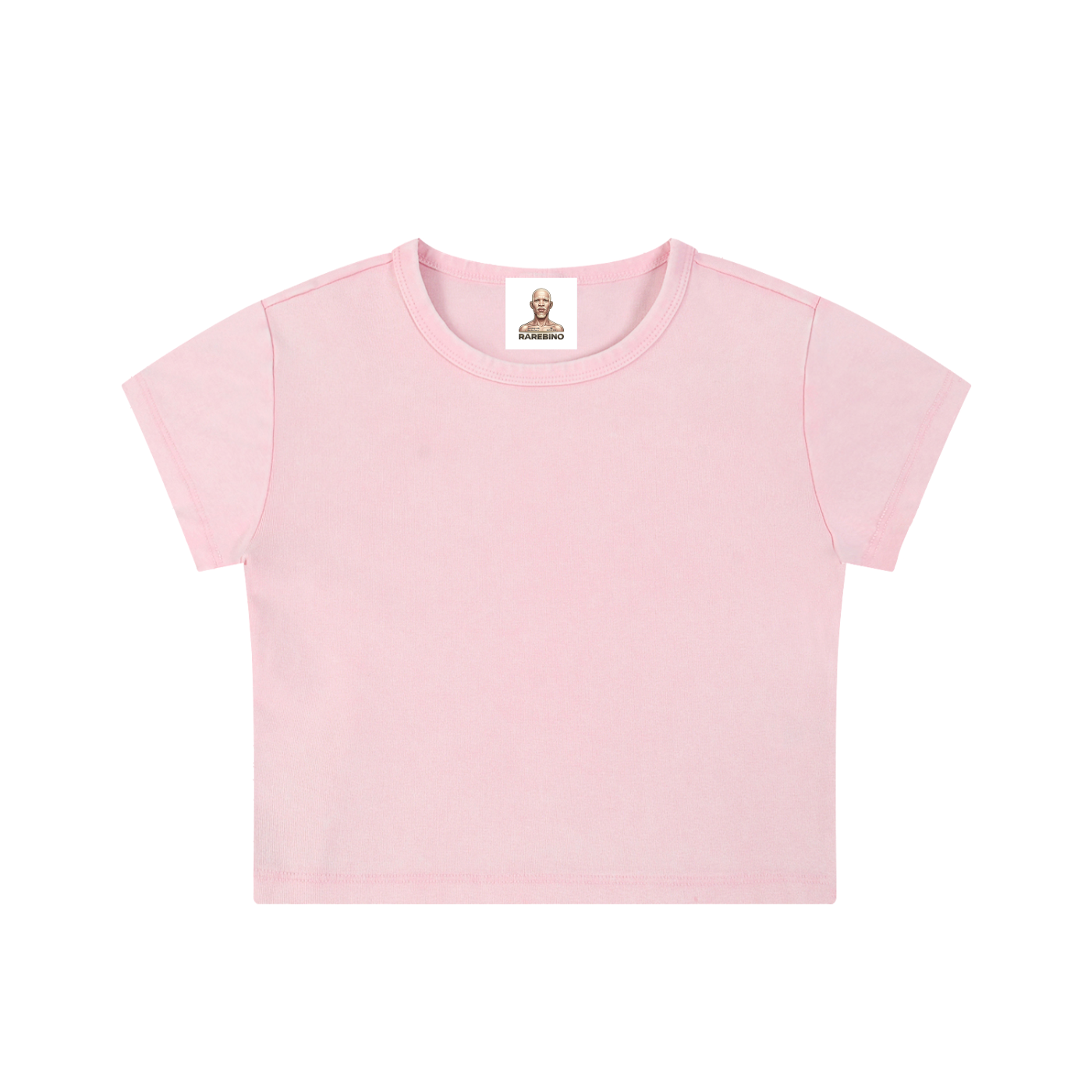 Snow Washed Crop Top by RAREBINO showing a light blue, distressed fabric crop top with short sleeves and a relaxed fit.